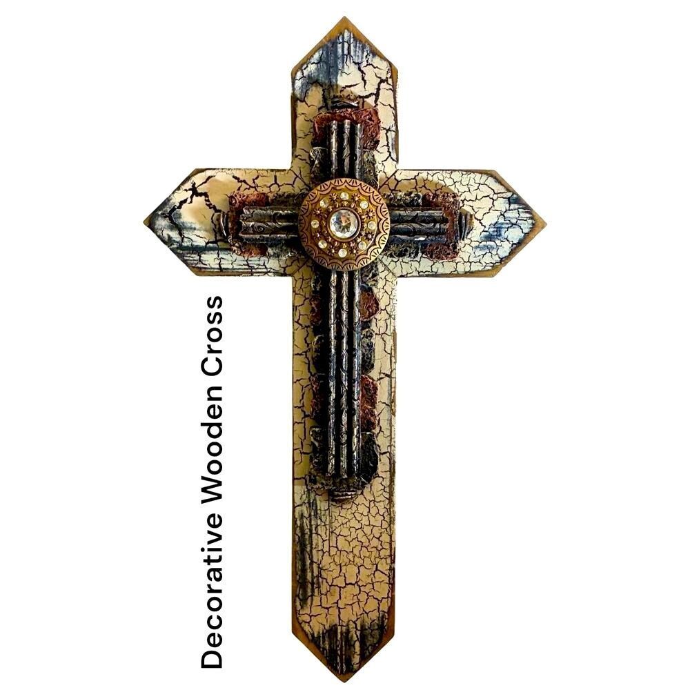 Montana West 20” Rustic Western Crackled Wooden Metal Bling Wall Cross